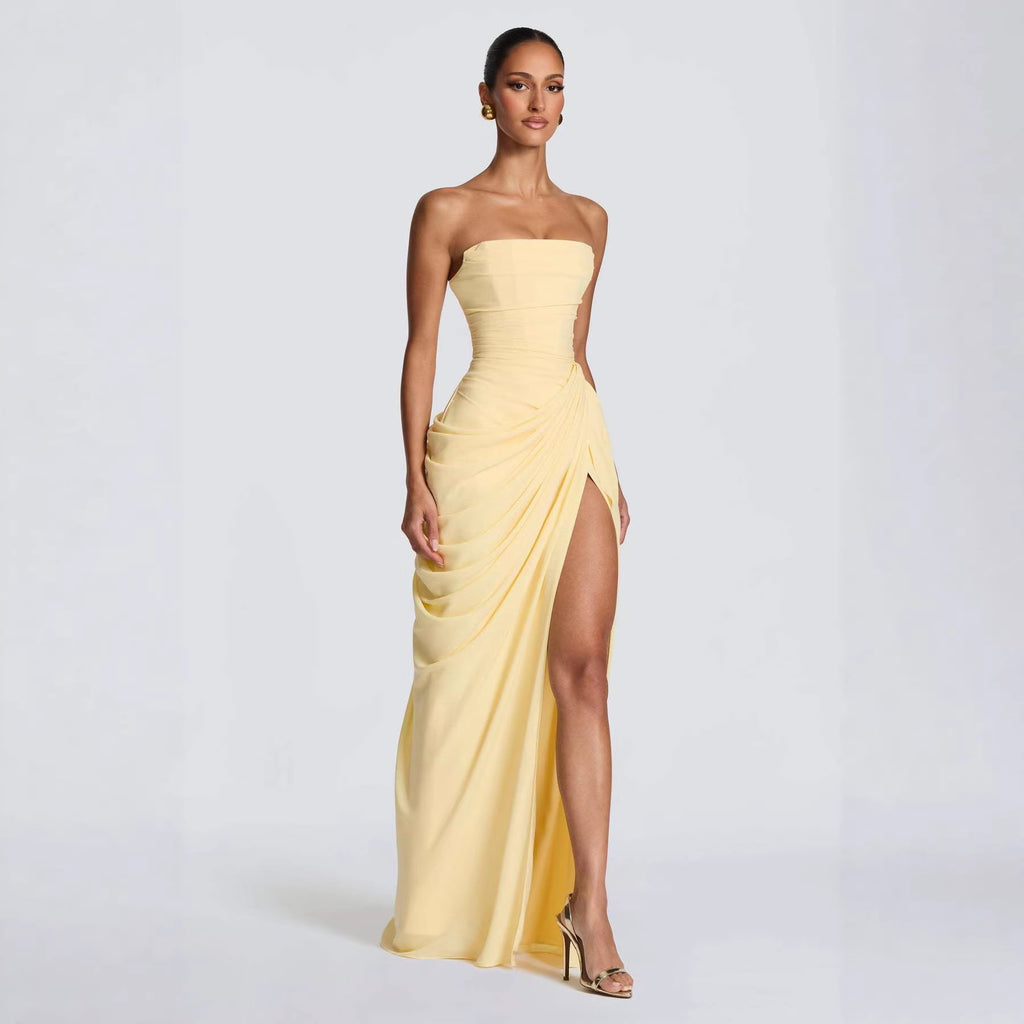Tube Top Pleated Slit Dress