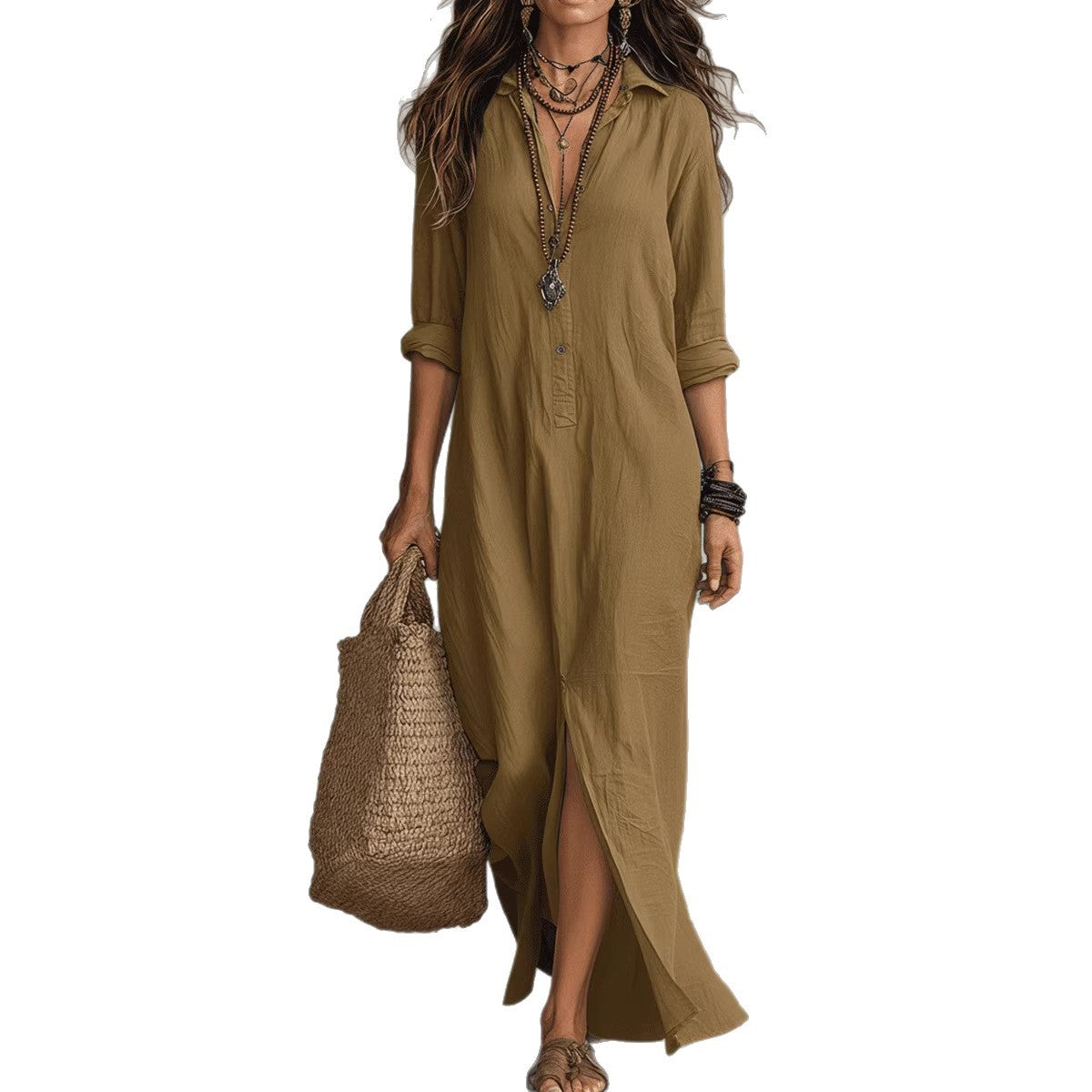 Long-sleeve Maxi Dress Casual Solid Color Lapel Collar Side Slit Beach Dresses Women's Clothing