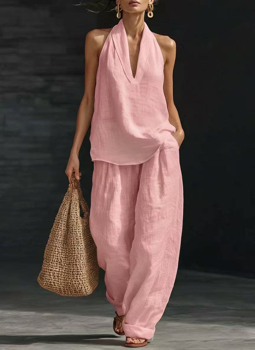 Summer Sleeveless Suits V-neck Halter Top And Wide-leg Pants Fashion Casual Straight Trousers Set