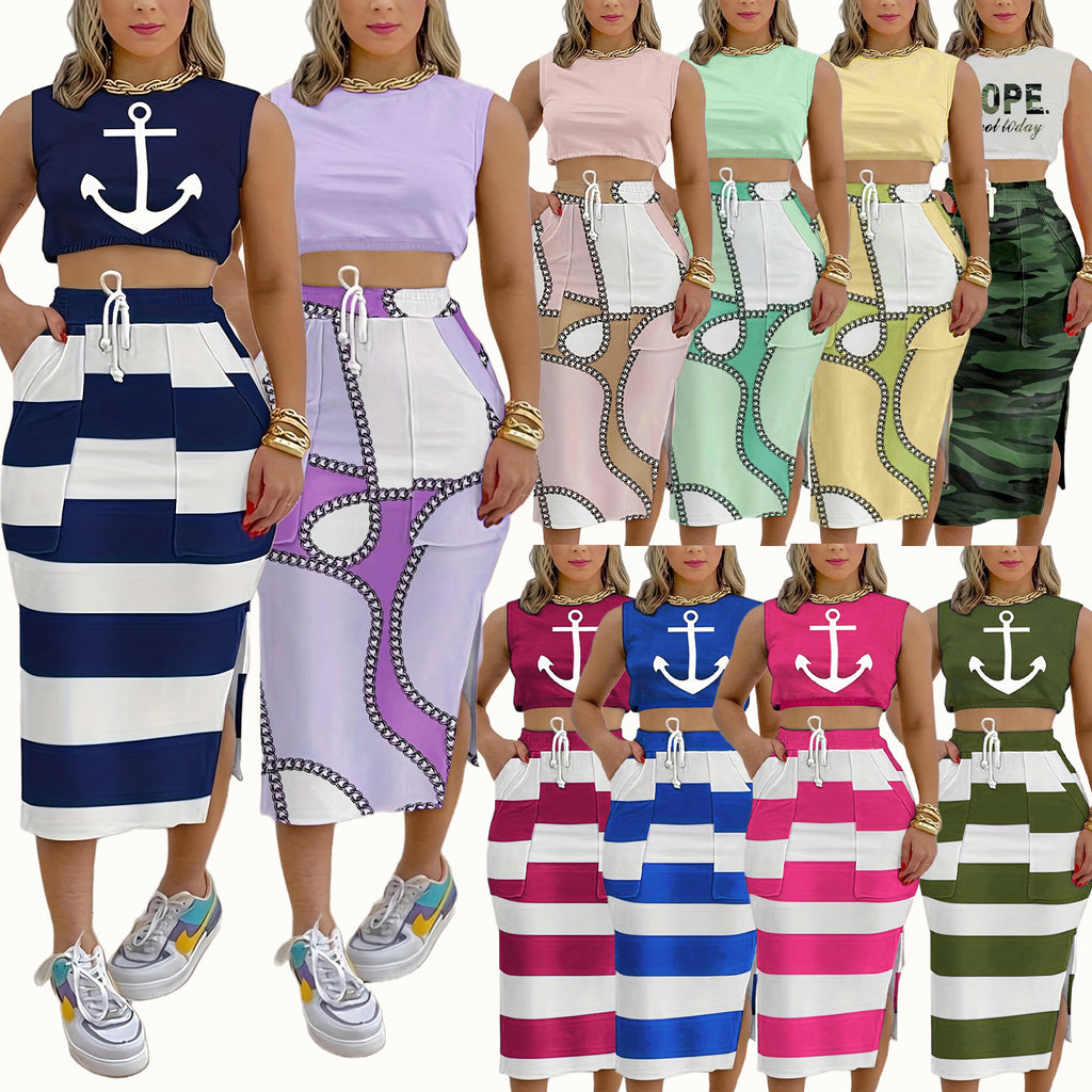 2pcs Trendy Sleeveless Vest and Slit Skirt Suit