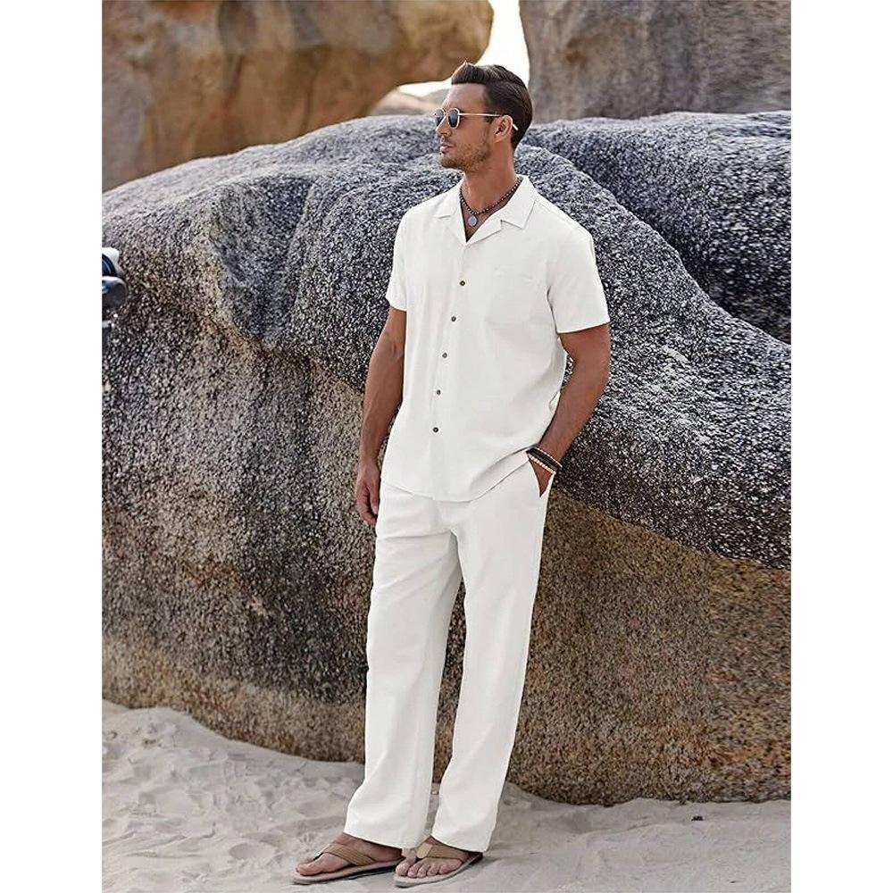 American-style Vintage Short-sleeve Shirt And Casual Trousers Two-piece Set