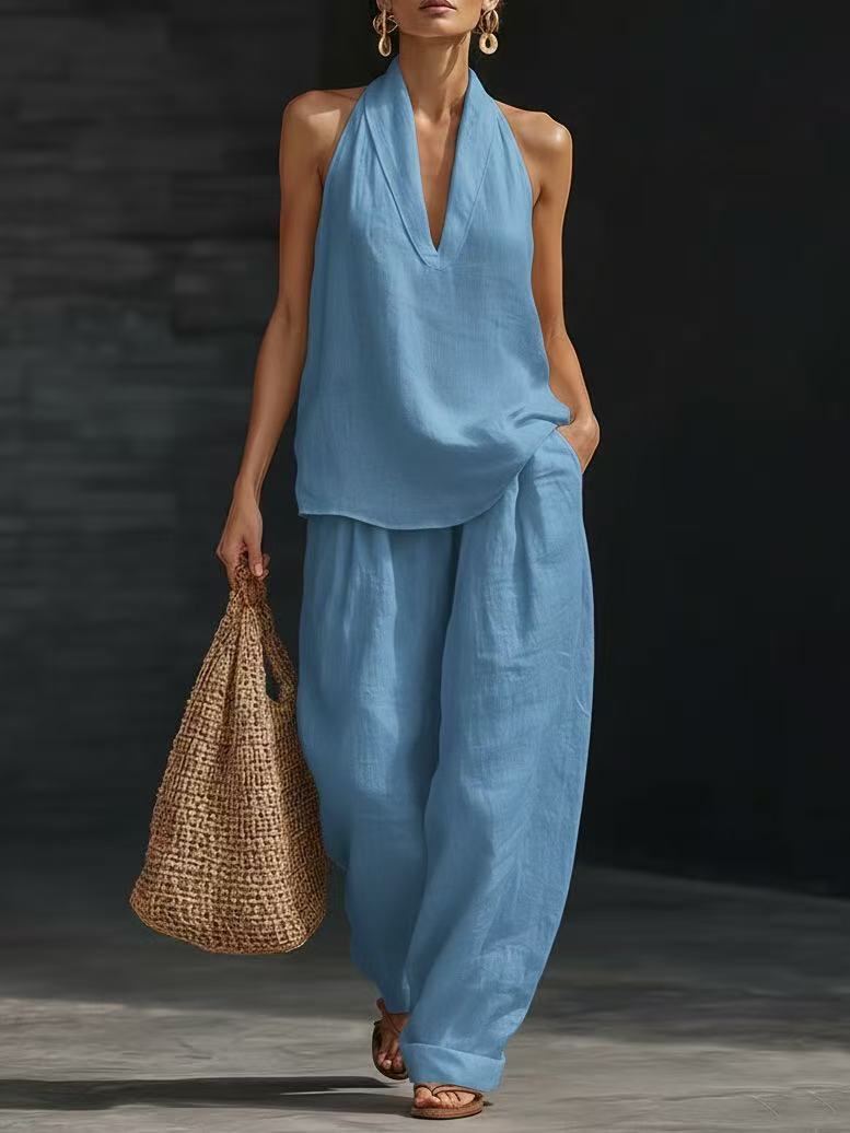 Summer Sleeveless Suits V-neck Halter Top And Wide-leg Pants Fashion Casual Straight Trousers Set