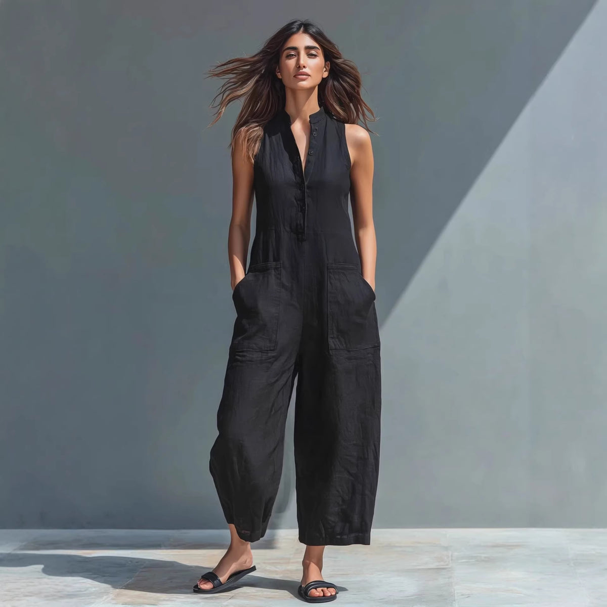 Casual Womens Buttoned Stand Collar Sleeveless Loose Jumpsuit