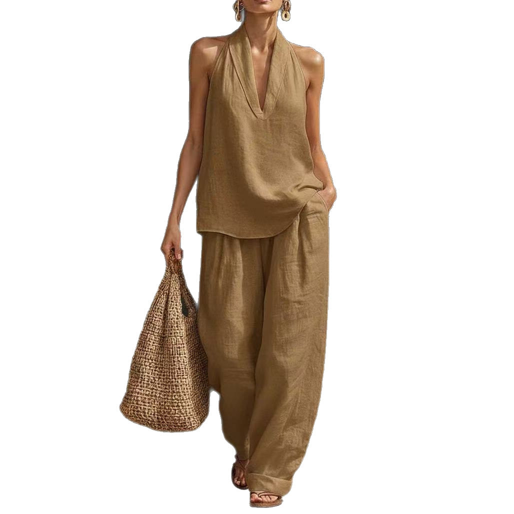 Summer Sleeveless Suits V-neck Halter Top And Wide-leg Pants Fashion Casual Straight Trousers Set