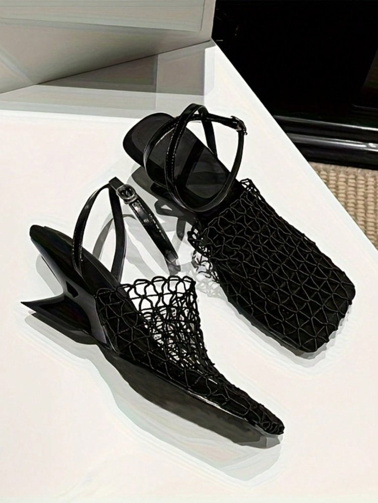 First Encounter Season Niche Design Wedge Heel Fishnet Hollow Women's Sandals, Retro Square Toe Woven Backless One-Strap Sandals