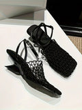 First Encounter Season Niche Design Wedge Heel Fishnet Hollow Women's Sandals, Retro Square Toe Woven Backless One-Strap Sandals