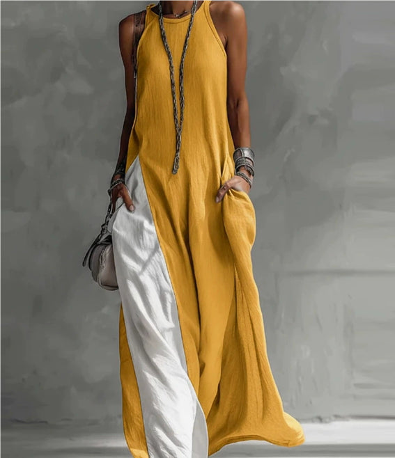 Womens Sleeveless Loose-Fit Color-Block Casual Off-Shoulder Dress With Pockets
