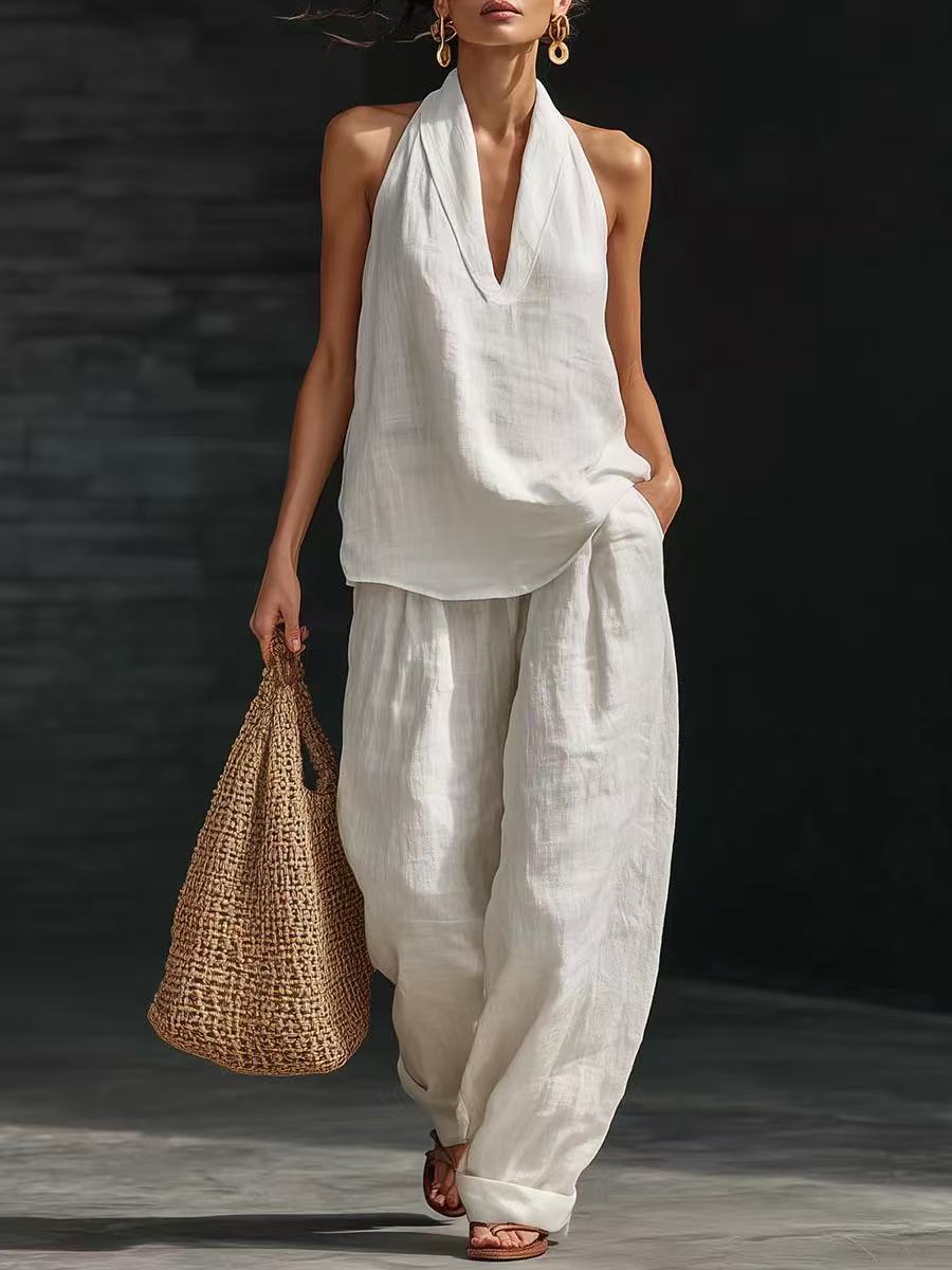 Summer Sleeveless Suits V-neck Halter Top And Wide-leg Pants Fashion Casual Straight Trousers Set