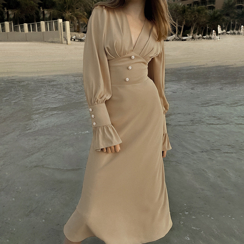 V-neck Slim-fit Dress with French Lantern Sleeves