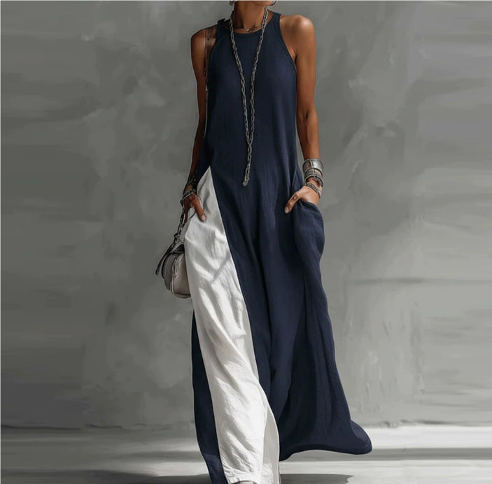 Womens Sleeveless Loose-Fit Color-Block Casual Off-Shoulder Dress With Pockets