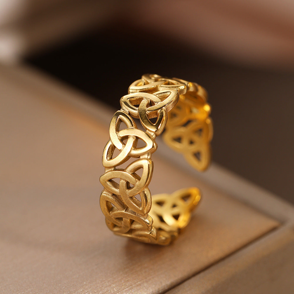 1 Piece Celtic Knot Stainless Steel Open Ring, Retro Hollow Woven Band, Trendy Personalized Jewelry, Perfect Gift Choice