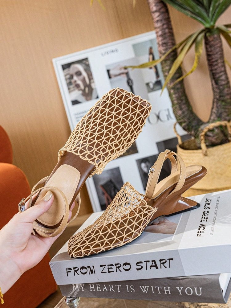 First Encounter Season Niche Design Wedge Heel Fishnet Hollow Women's Sandals, Retro Square Toe Woven Backless One-Strap Sandals