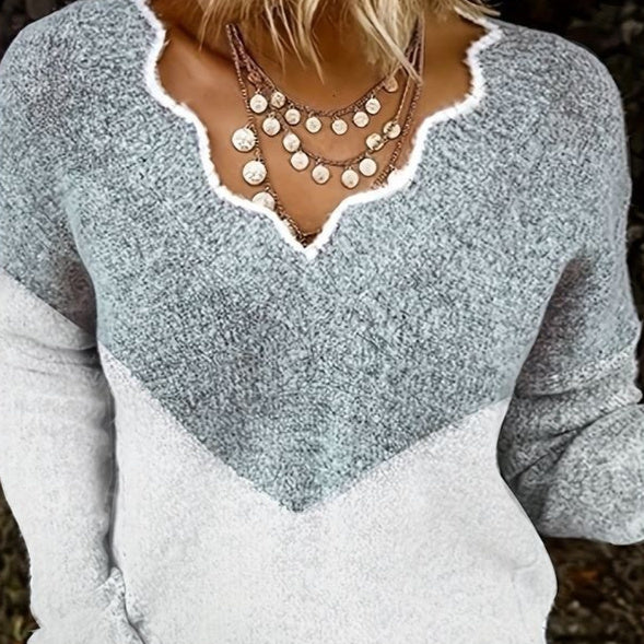New Plus Size Autumn And Winter V-neck Color Matching Sweater For Women