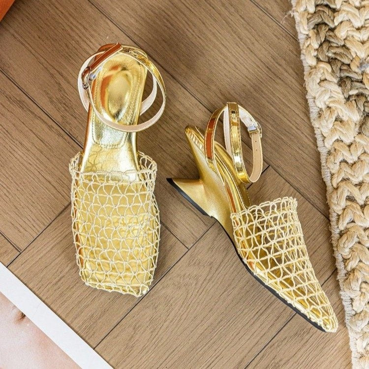 First Encounter Season Niche Design Wedge Heel Fishnet Hollow Women's Sandals, Retro Square Toe Woven Backless One-Strap Sandals