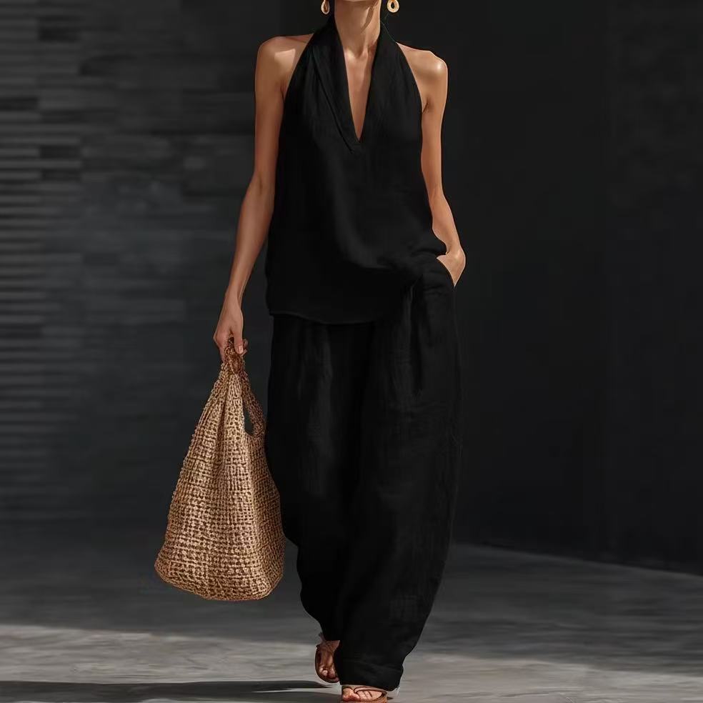 Summer Sleeveless Suits V-neck Halter Top And Wide-leg Pants Fashion Casual Straight Trousers Set
