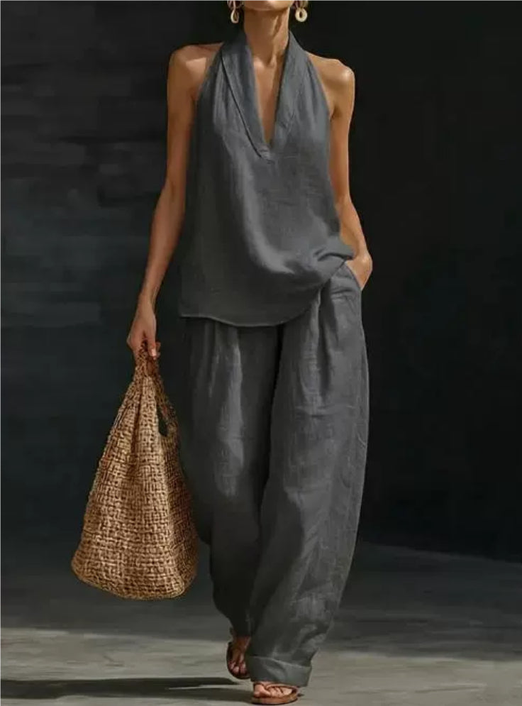 Summer Sleeveless Suits V-neck Halter Top And Wide-leg Pants Fashion Casual Straight Trousers Set