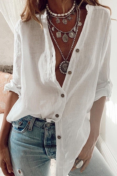 Women's Solid Color Loose V-Neck Long-Sleeve Top