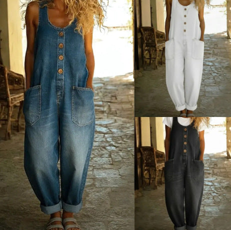 Women's Buckle Jumpsuit Casual Retro Multi-Pocket Overalls Pants