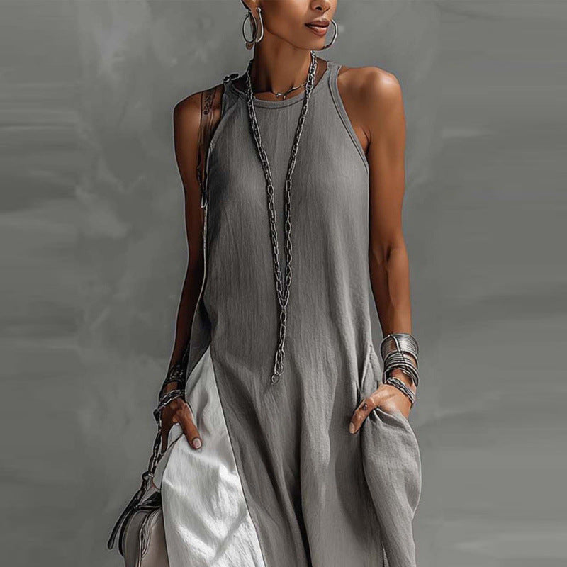 Womens Sleeveless Loose-Fit Color-Block Casual Off-Shoulder Dress With Pockets