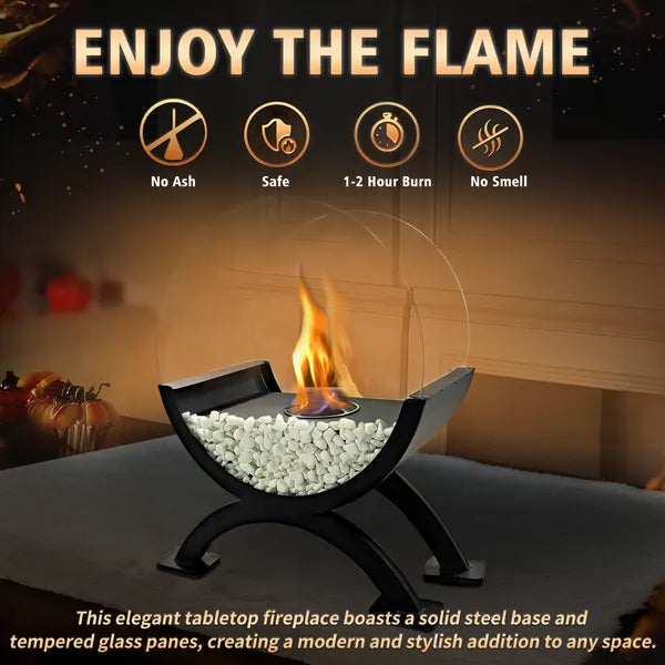 Round Glass Large Tabletop Fireplace 12.5 Inch H Portable Fire Bowl Pot Clean Burning Fireplace For Indoor Outdoor Patio Parties Events Black