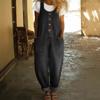 Women's Buckle Jumpsuit Casual Retro Multi-Pocket Overalls Pants