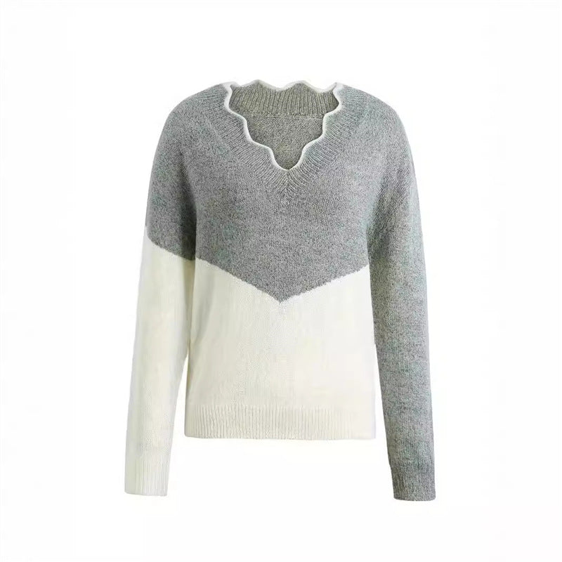 New Plus Size Autumn And Winter V-neck Color Matching Sweater For Women