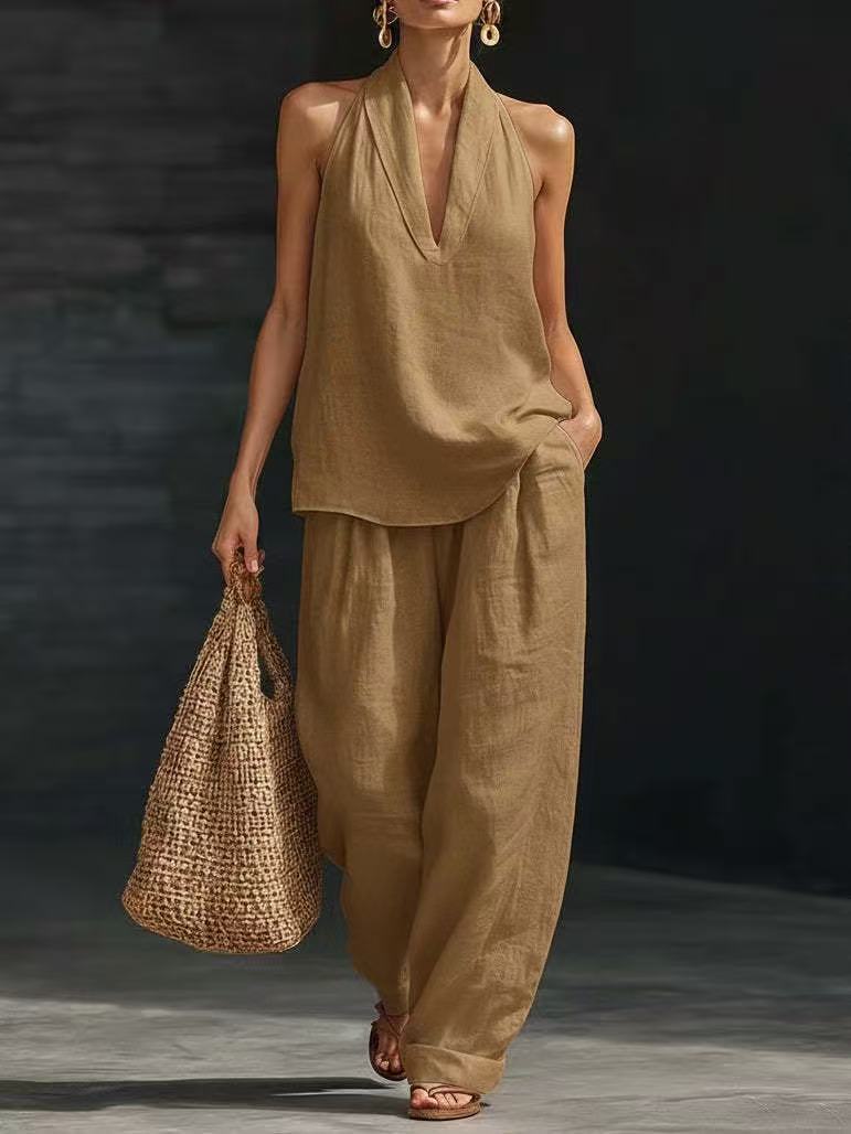 Summer Sleeveless Suits V-neck Halter Top And Wide-leg Pants Fashion Casual Straight Trousers Set