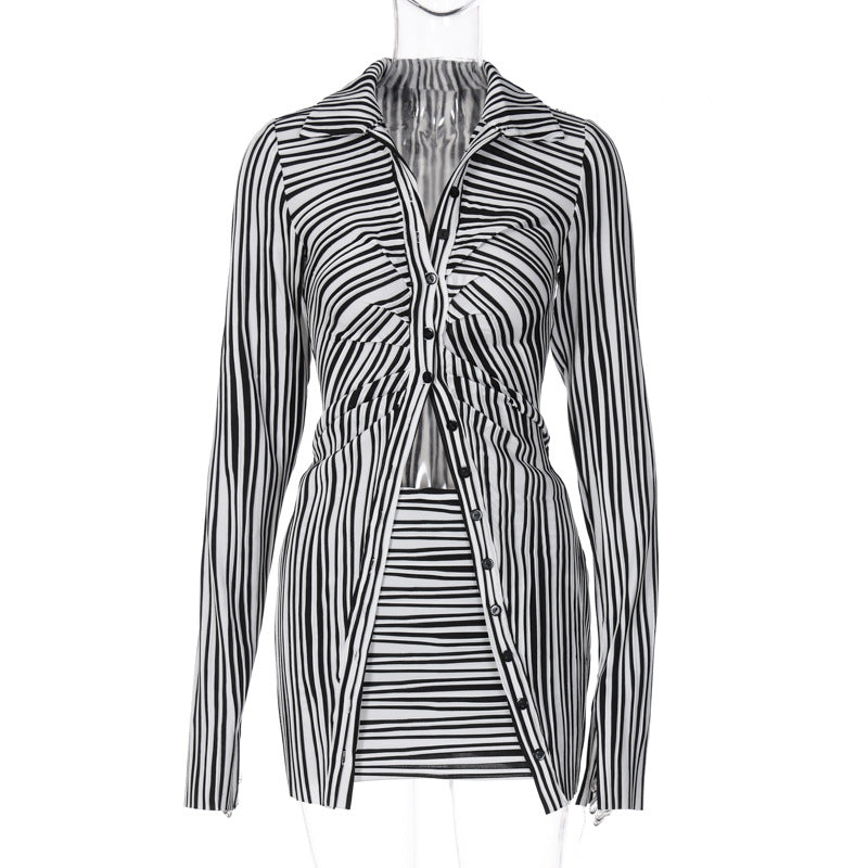 Fashionable Zebra Print Button Cardigan & Skirt Set