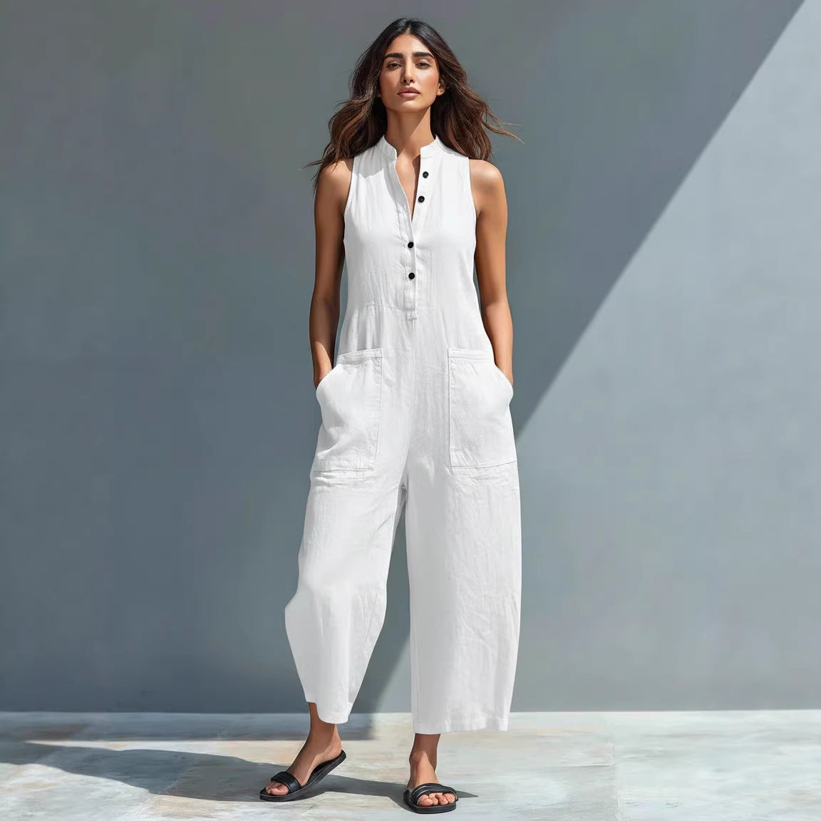 Casual Womens Buttoned Stand Collar Sleeveless Loose Jumpsuit