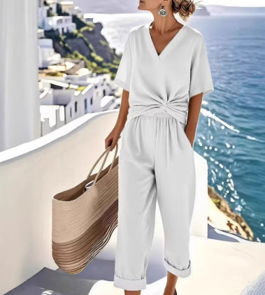 Women's Two Pieces Set Fashion Solid Color Irregular Short Sleeve Suit Summer Fashion V Neck Slim Office Suit Casual Pleated Irregular Top And Pants Female Outfit