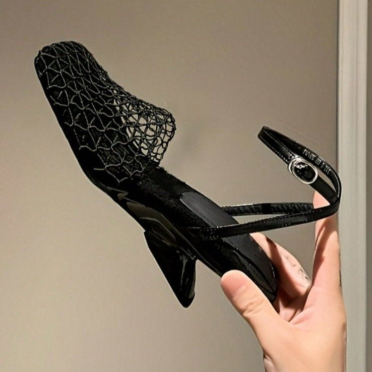 First Encounter Season Niche Design Wedge Heel Fishnet Hollow Women's Sandals, Retro Square Toe Woven Backless One-Strap Sandals