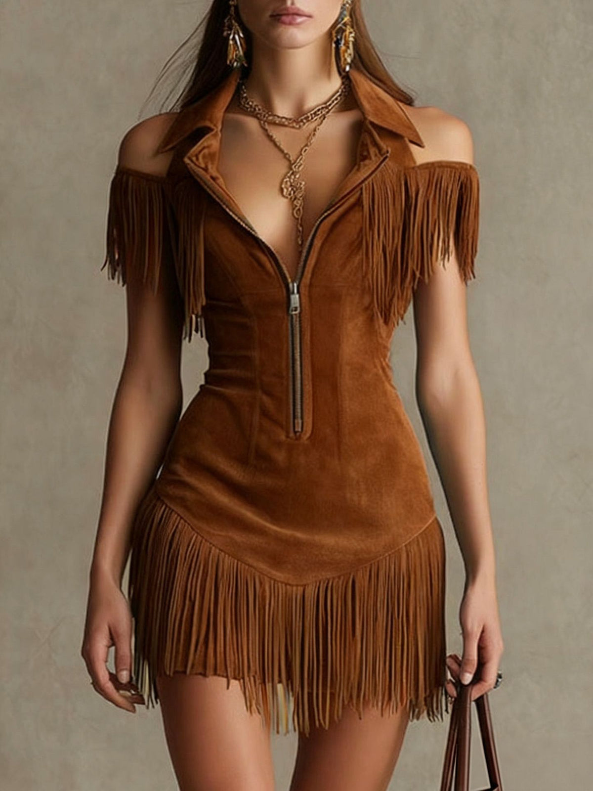 Retro Suede Tassel Off-Shoulder Dress