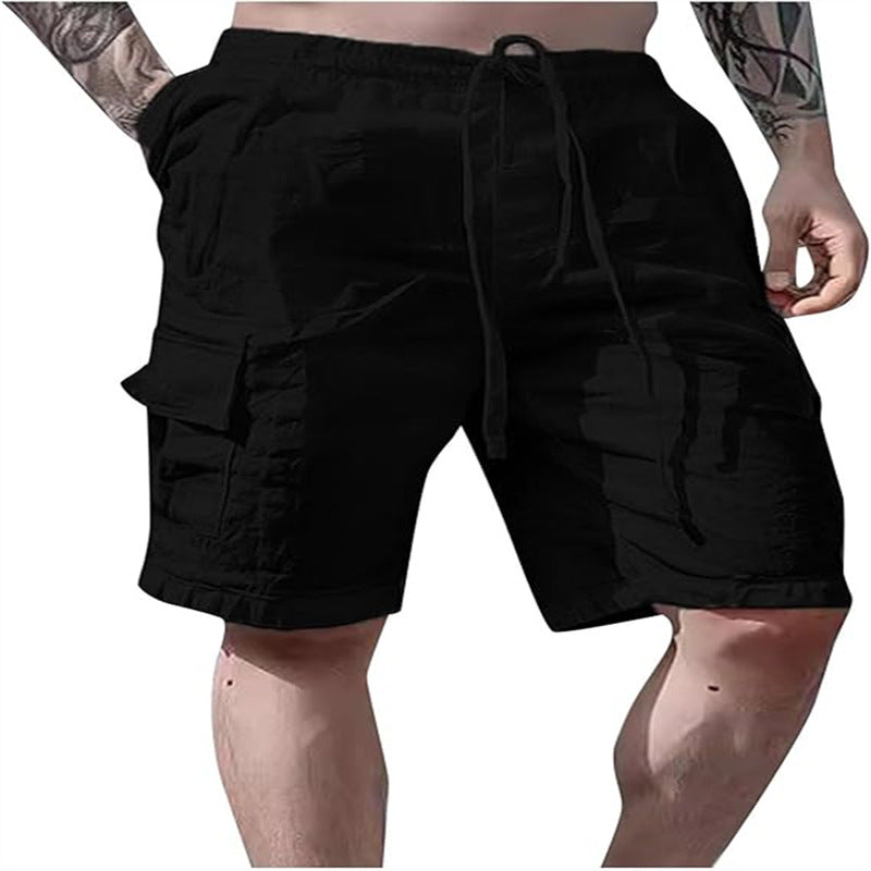 Cotton Linen Shorts Drawstring Elastic Waist Straight Leg Solid Color Breathable Beach Shorts