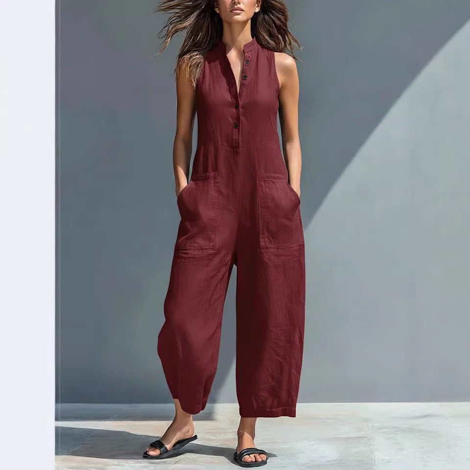 Casual Womens Buttoned Stand Collar Sleeveless Loose Jumpsuit