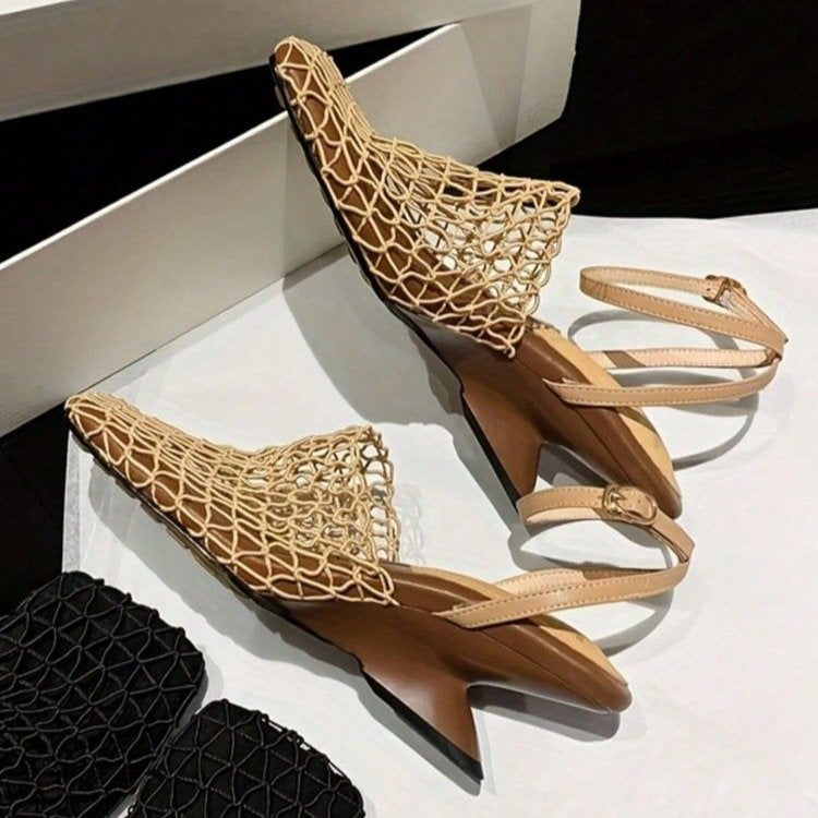 First Encounter Season Niche Design Wedge Heel Fishnet Hollow Women's Sandals, Retro Square Toe Woven Backless One-Strap Sandals