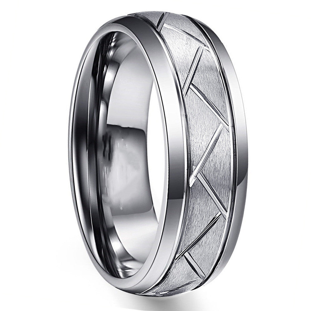 Men's Silver Gray Frosted Tungsten Ring with Tire Pattern