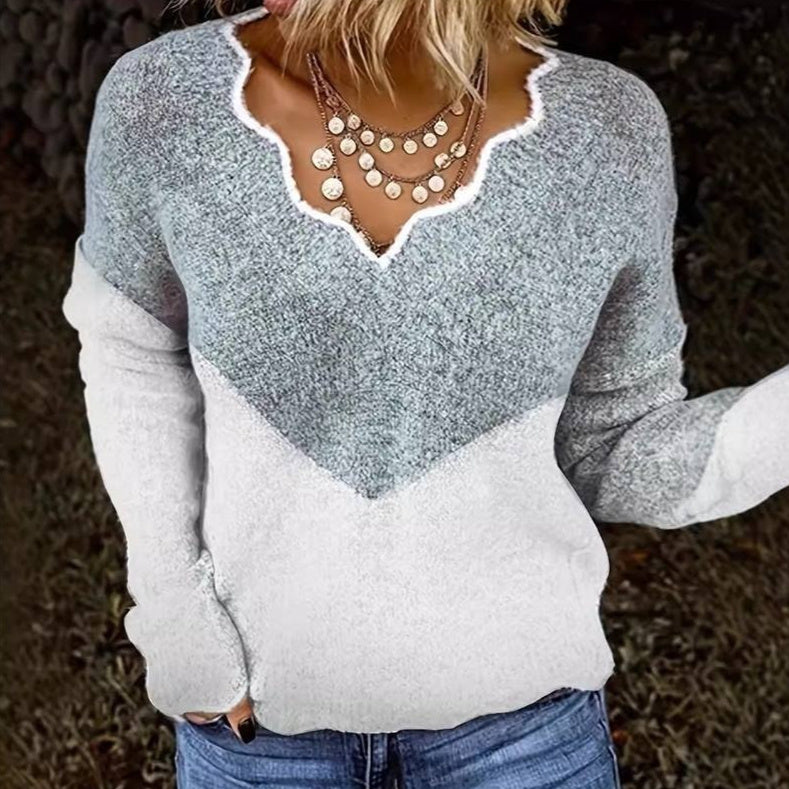 New Plus Size Autumn And Winter V-neck Color Matching Sweater For Women