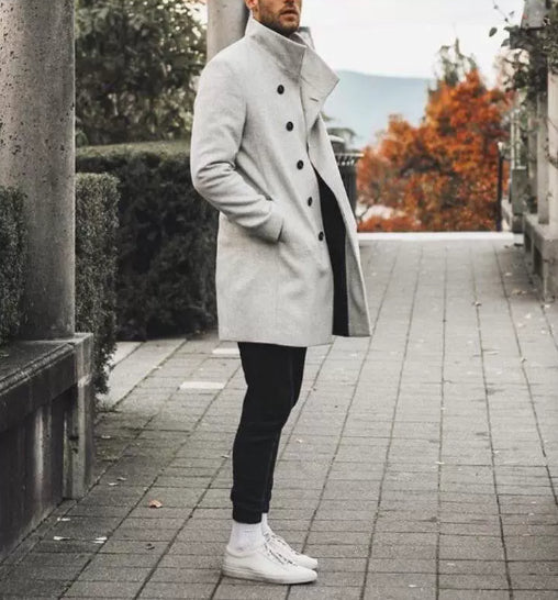 New men's woolen stand collar mid-length casual coat with pockets