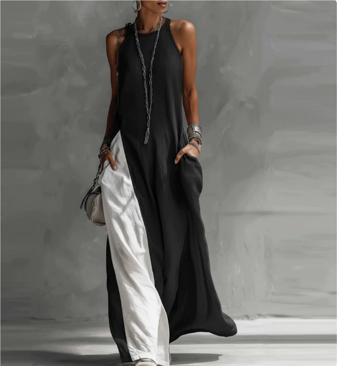 Womens Sleeveless Loose-Fit Color-Block Casual Off-Shoulder Dress With Pockets
