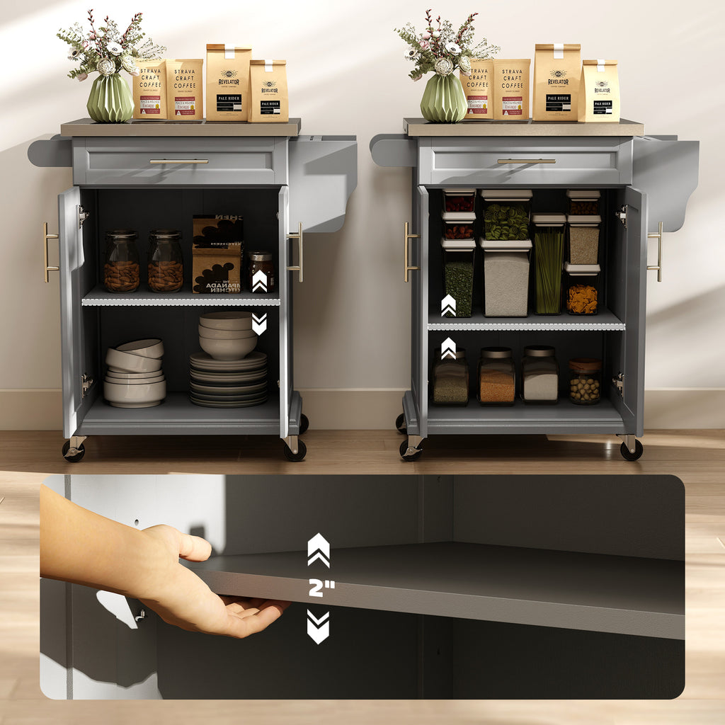 Kitchen Island on Wheels, Rolling Kitchen Cart with Stainless Steel Countertop, Drawer, Towel Rack and Spice Rack, Utility Storage Trolley, Gray