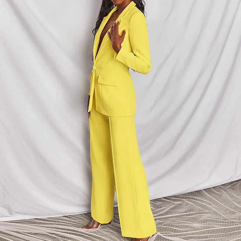 2pcs Casual Suit Lapel Button-down Blazer Jacket And Straight-leg Pants Office Commuting Business Trousers Set Clothing