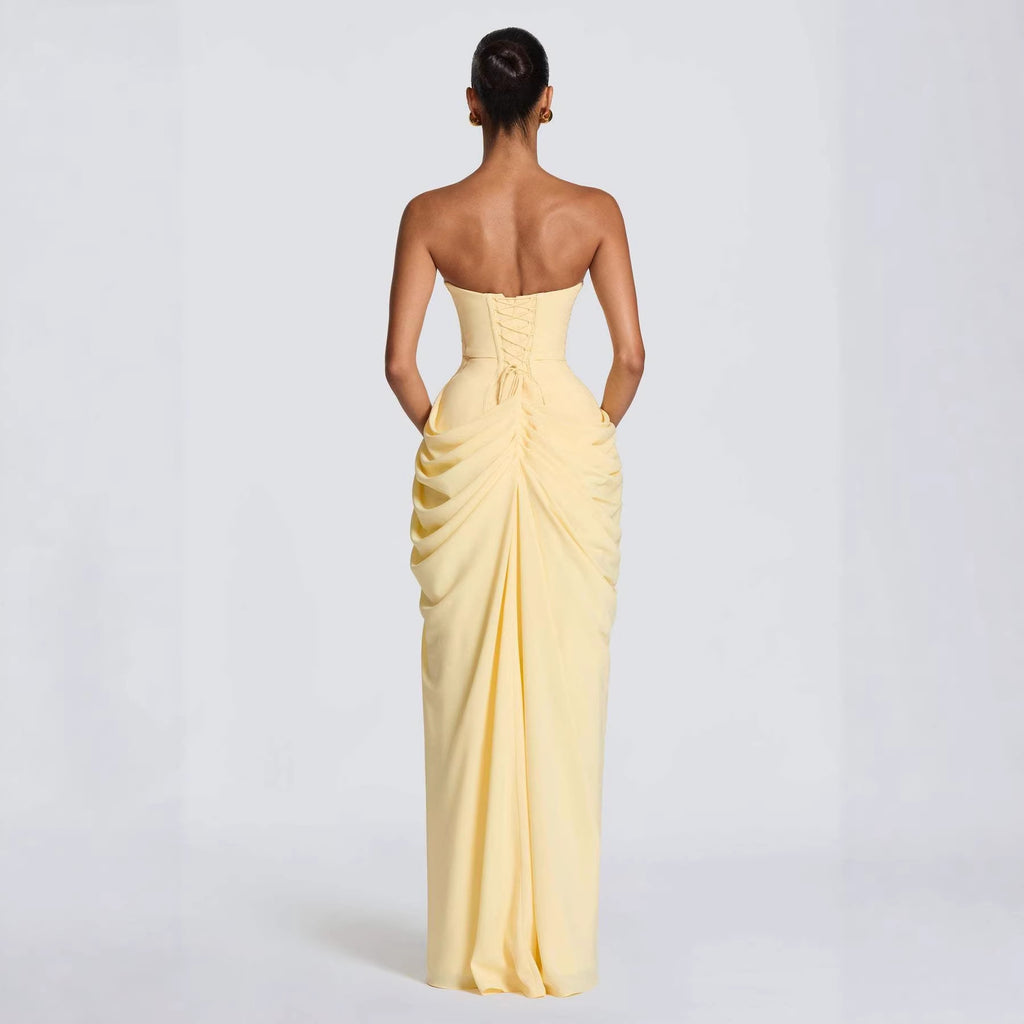 Tube Top Pleated Slit Dress