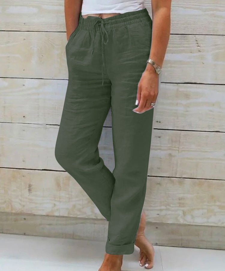 Elastic Waist Solid Cotton Hemp Pants