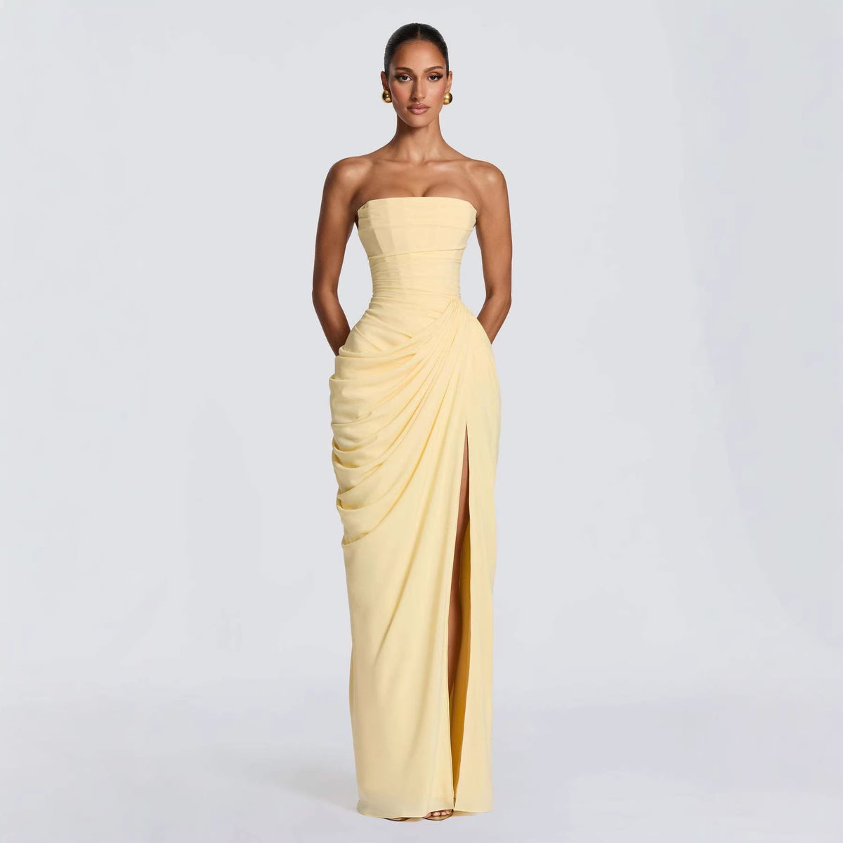 Tube Top Pleated Slit Dress