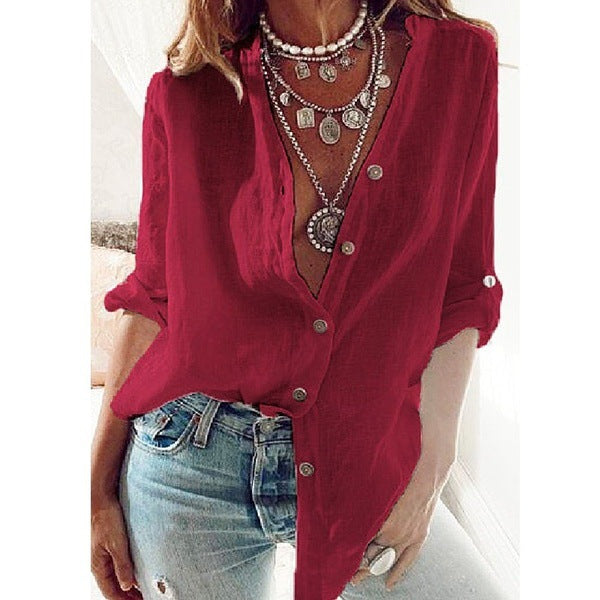 Women's Solid Color Loose V-Neck Long-Sleeve Top