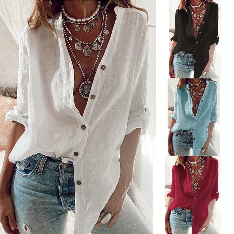 Women's Solid Color Loose V-Neck Long-Sleeve Top