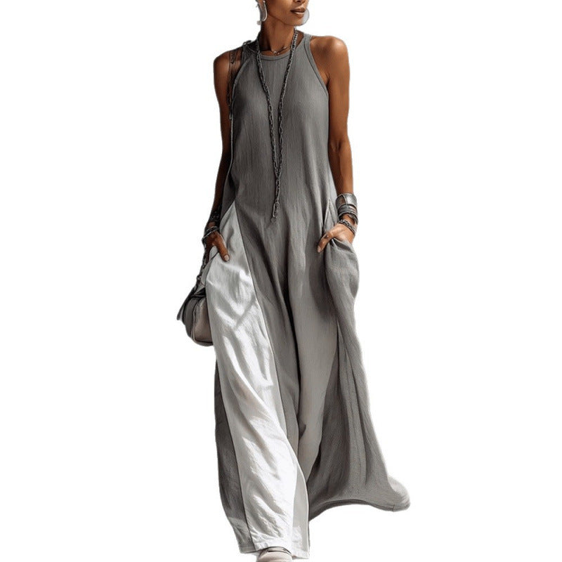 Womens Sleeveless Loose-Fit Color-Block Casual Off-Shoulder Dress With Pockets