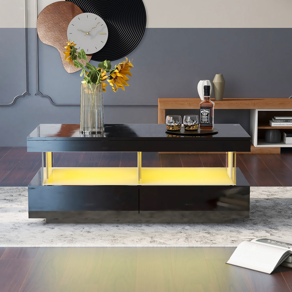 Coffee Table For Living Room, High Gloss Tea Table With LED Lights, Centre Table With 2 Drawers And Open Storage Space, End Table For Home Office Furniture, Black