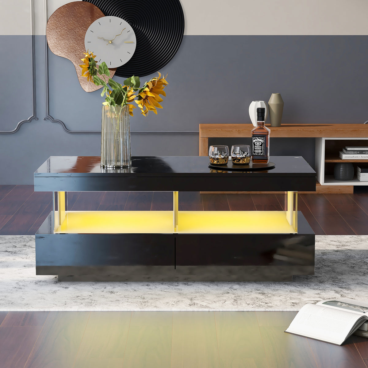 Coffee Table For Living Room, High Gloss Tea Table With LED Lights, Centre Table With 2 Drawers And Open Storage Space, End Table For Home Office Furniture, Black