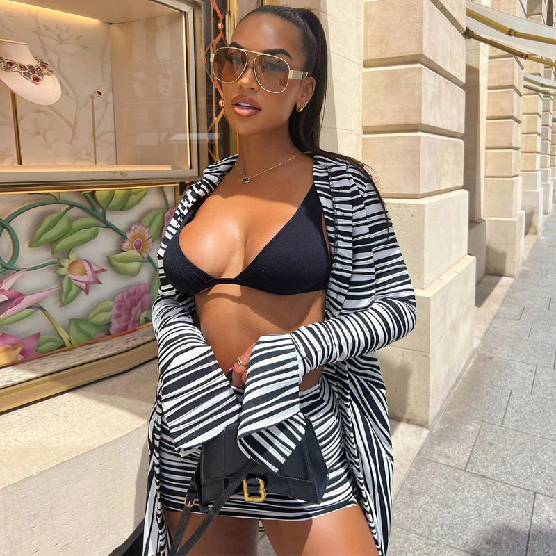Fashionable Zebra Print Button Cardigan & Skirt Set